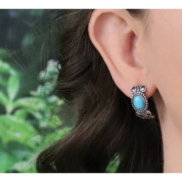 Sterling Silver Blue Turquoise Half Hoop Earrings Avon 3/4" x 3/8" - Picture 2 of 8